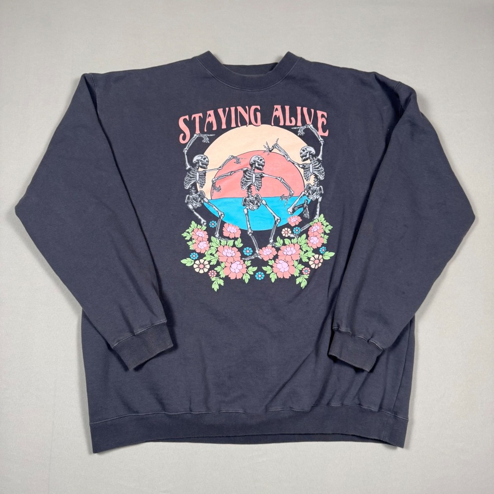 Urban Outfitters Staying Alive Skeleton Sweatshirt Mens XL Black Graphic Sweater